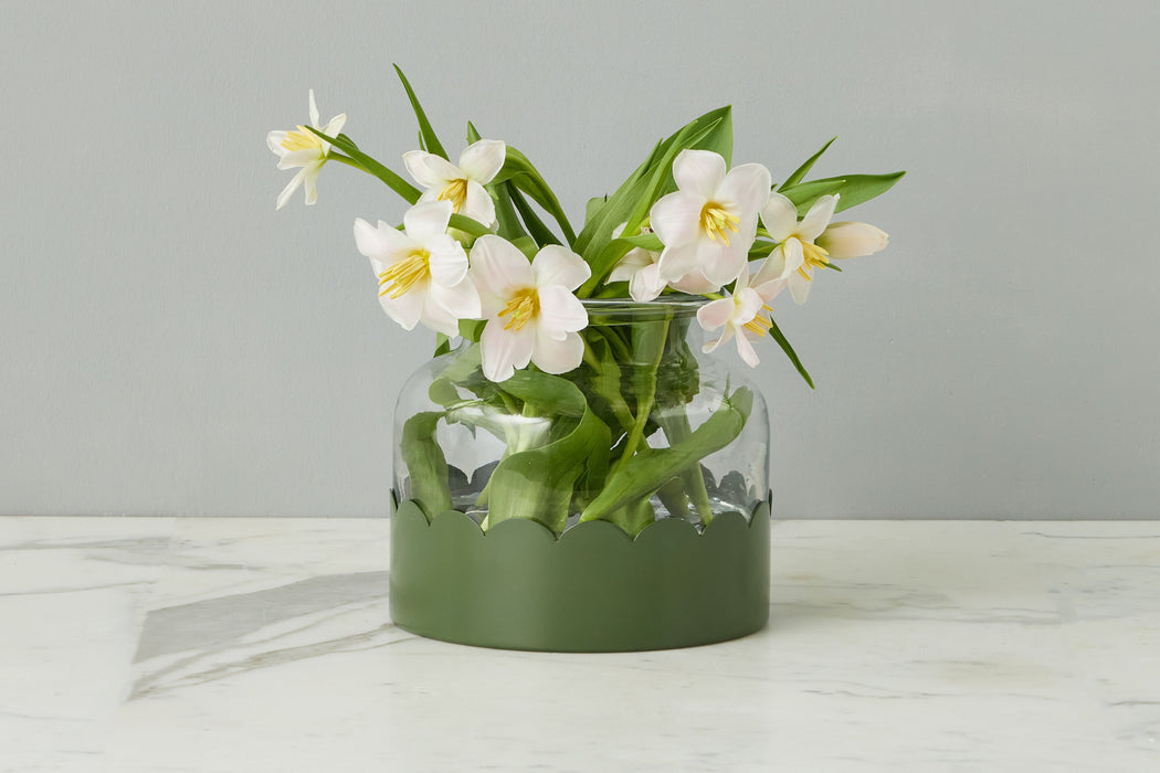 2-in-1 Scalloped Bloom Vase, White/Spruce Green
