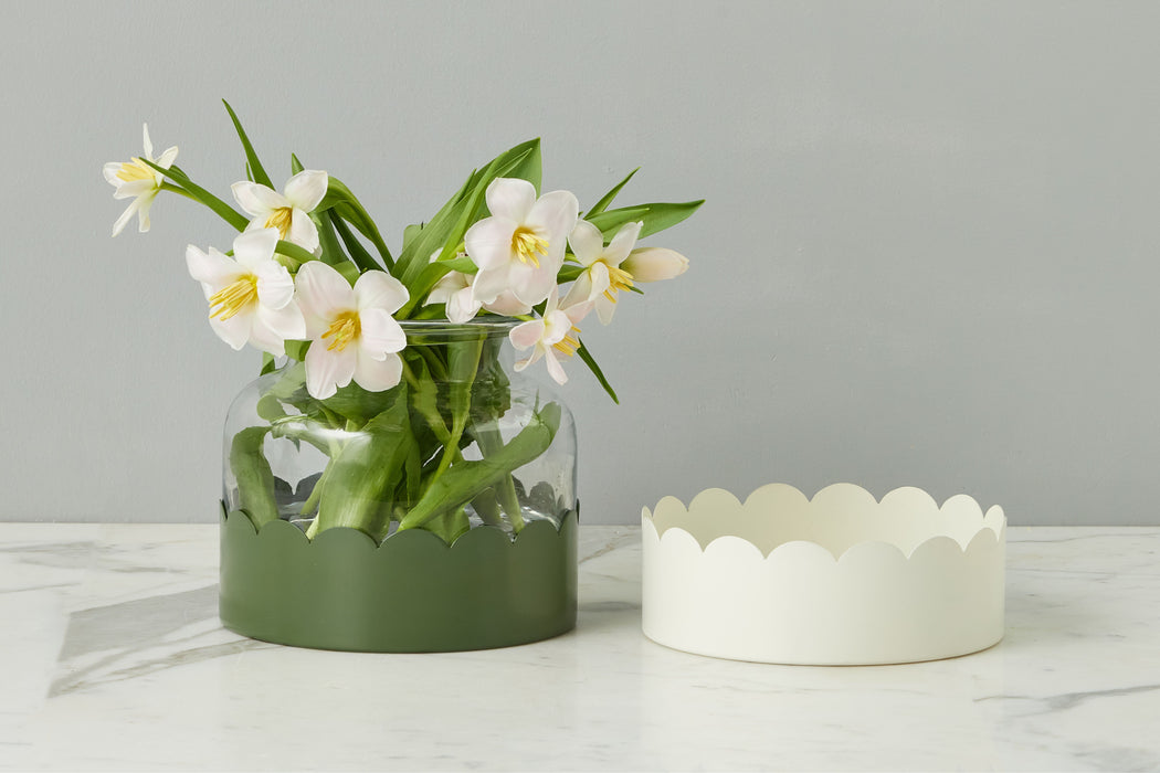 2-in-1 Scalloped Bloom Vase, White/Spruce Green