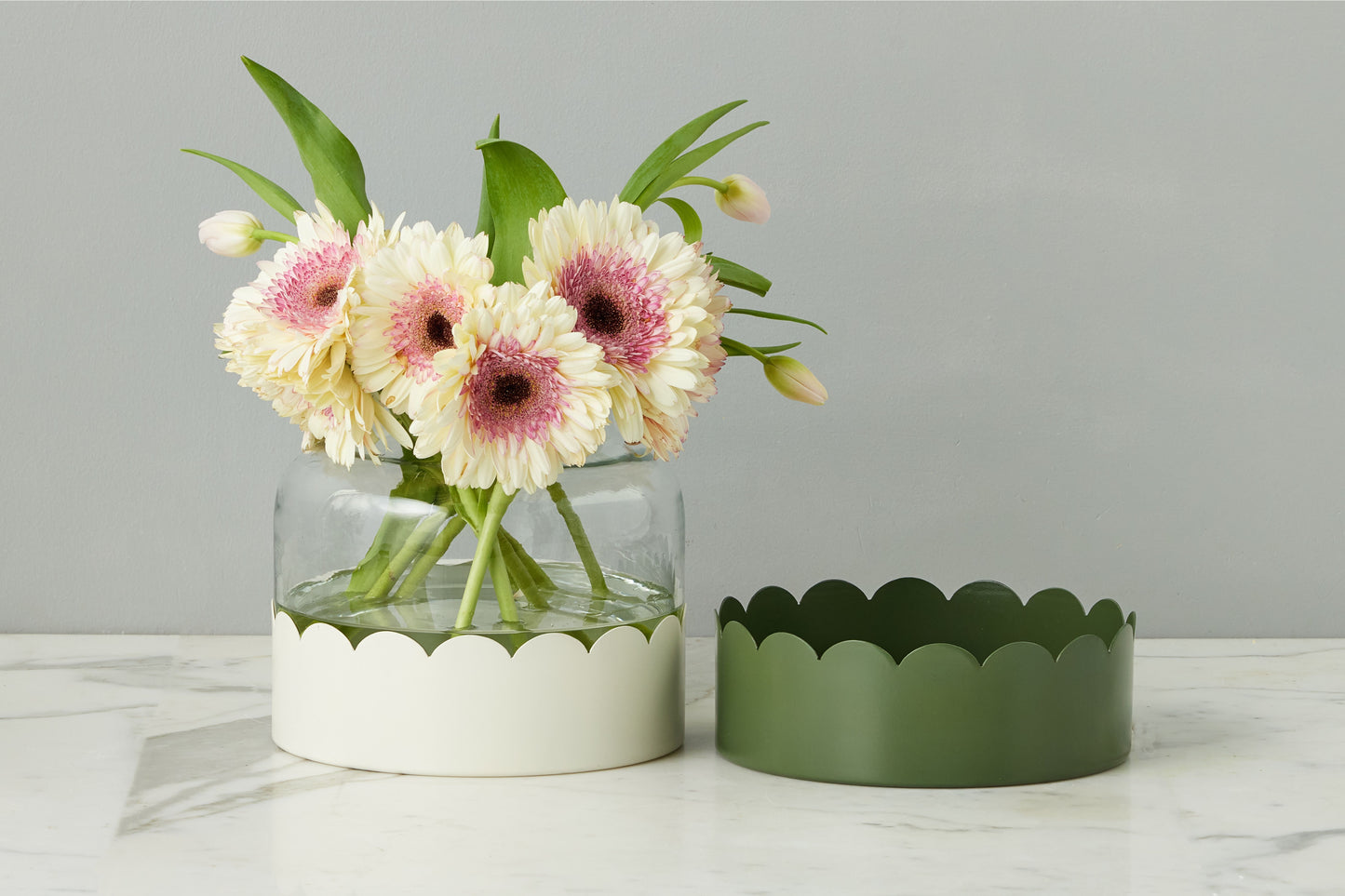 2-in-1 Scalloped Bloom Vase, White/Spruce Green