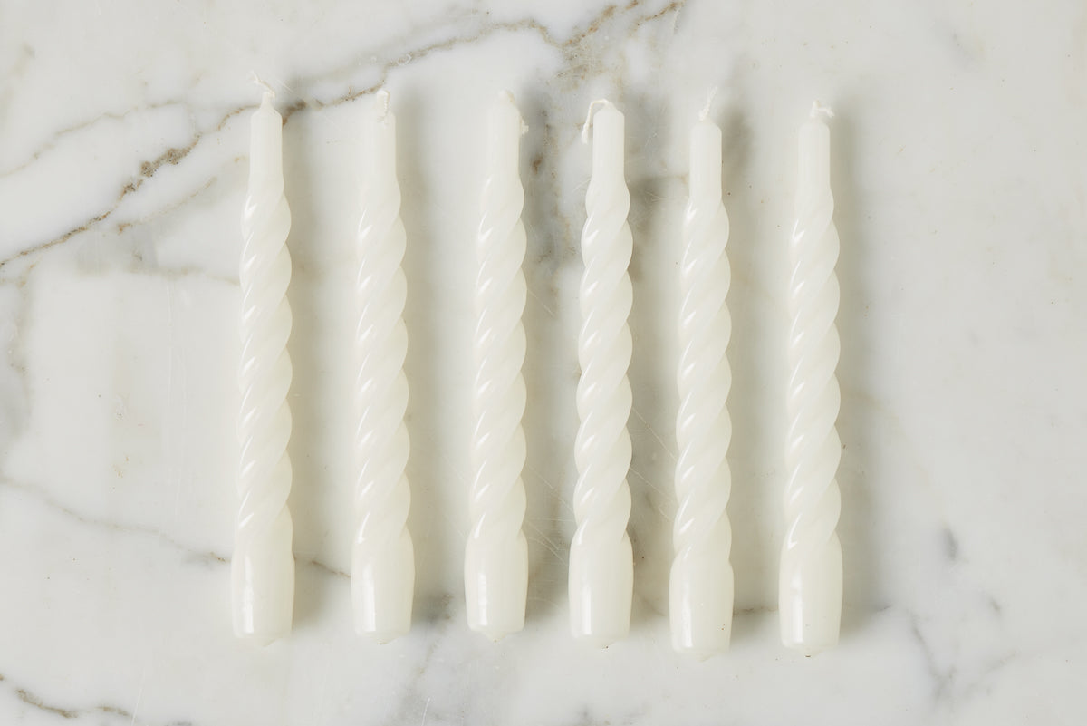 Lacquered Twisted Taper Candles, White, Set of 6