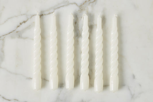 Lacquered Twisted Taper Candles, White, Set of 6