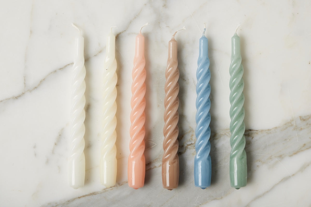 Lacquered Twisted Taper Candles, White, Set of 6
