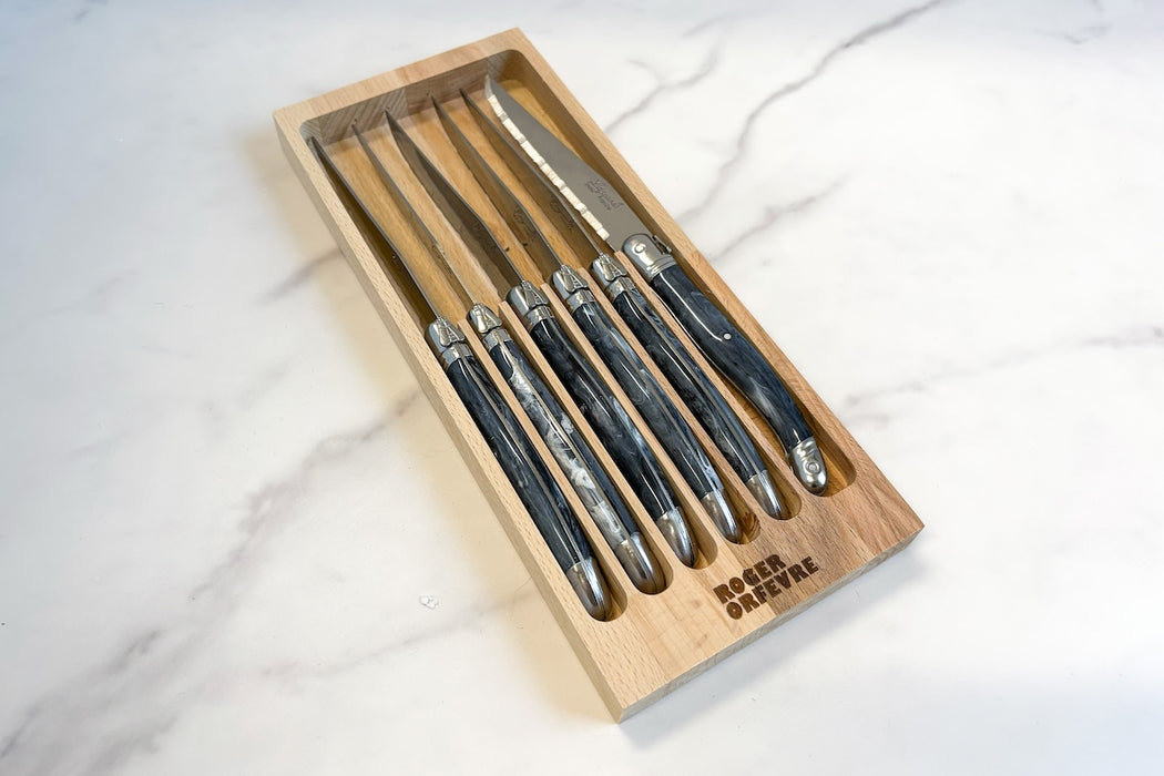 Laguiole Steak Knives, Set of 6, Wood Drawer Box, Marbled Grey