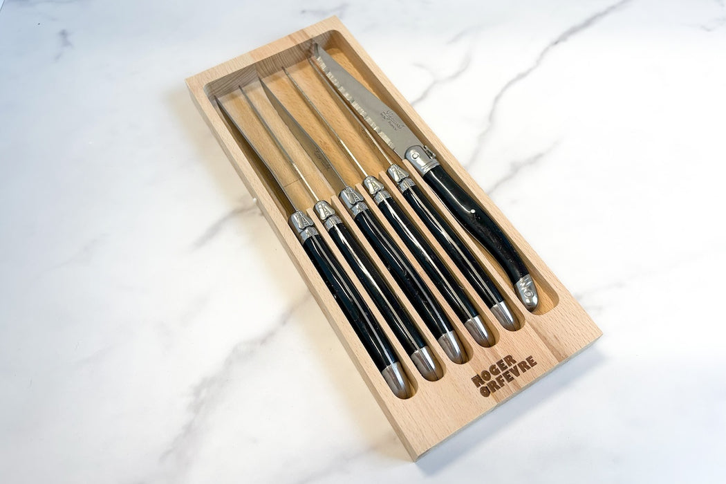 Laguiole Steak Knives, Set of 6, Wood Drawer Box, Black