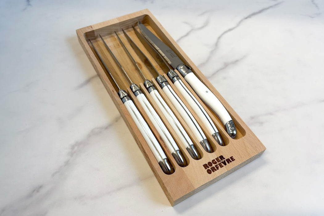 Laguiole Steak Knives, Set of 6, Wood Drawer Box, White