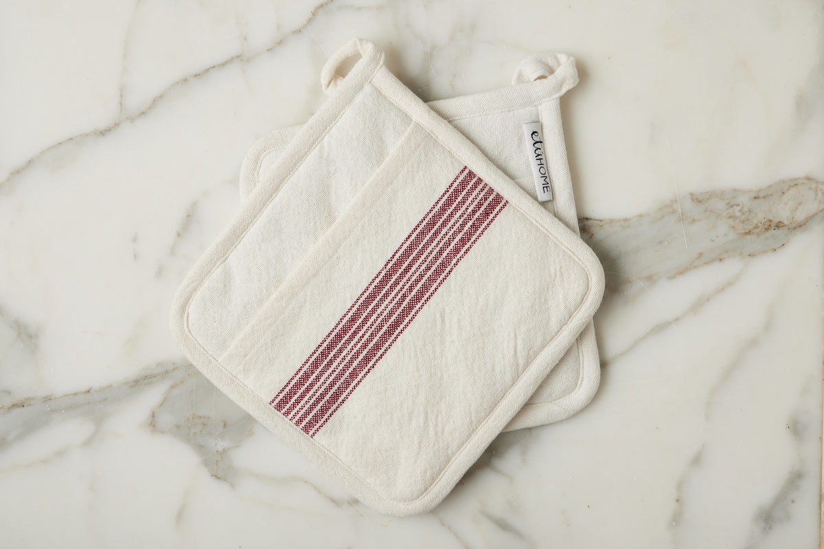 Pot Holder, Vintage Merlot Red Stripe, Set of 2