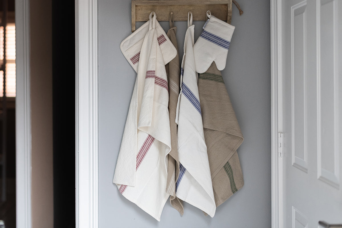 Kitchen Tea Towel, Vintage Merlot Red Stripe, Set of 2