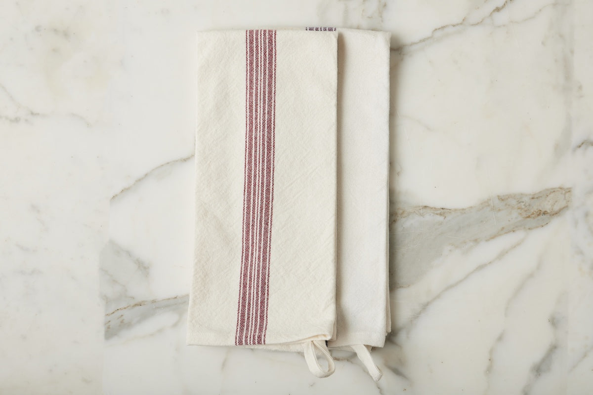 Kitchen Tea Towel, Vintage Merlot Red Stripe, Set of 2
