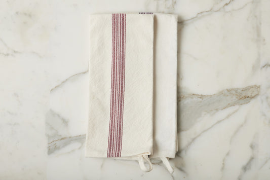 Kitchen Tea Towel, Vintage Merlot Red Stripe, Set of 2