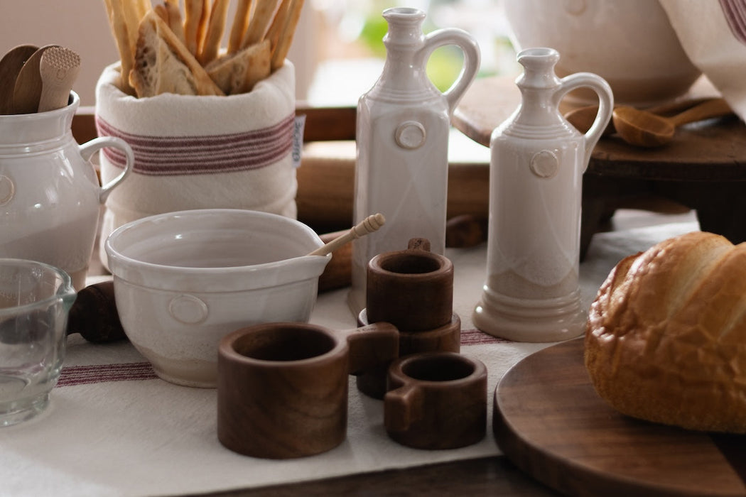 French Bistro Wood Measuring Cups in Vintage Navy Blue Stripe Bag, Set of 4