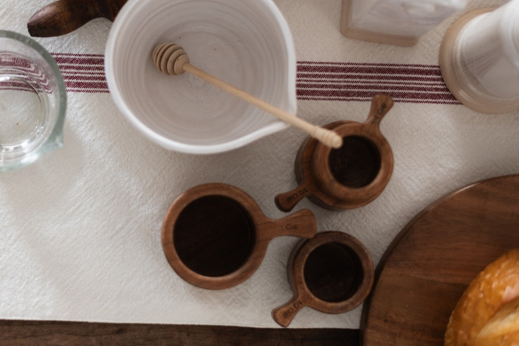 French Bistro Wood Measuring Cups in Vintage Navy Blue Stripe Bag, Set of 4