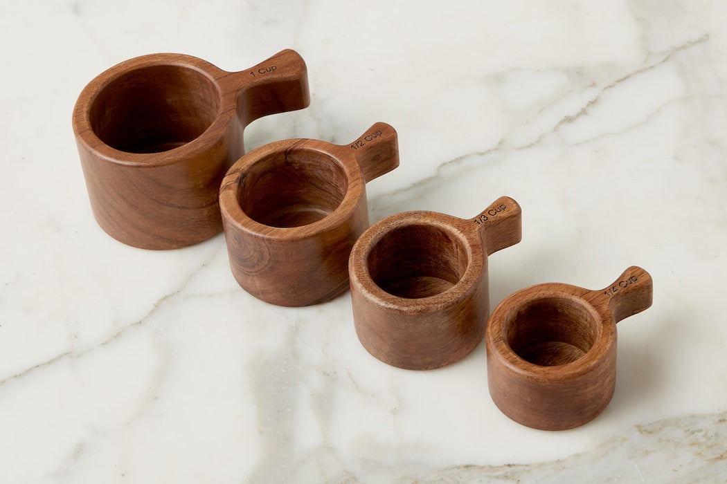 French Bistro Wood Measuring Cups in Vintage Navy Blue Stripe Bag, Set of 4