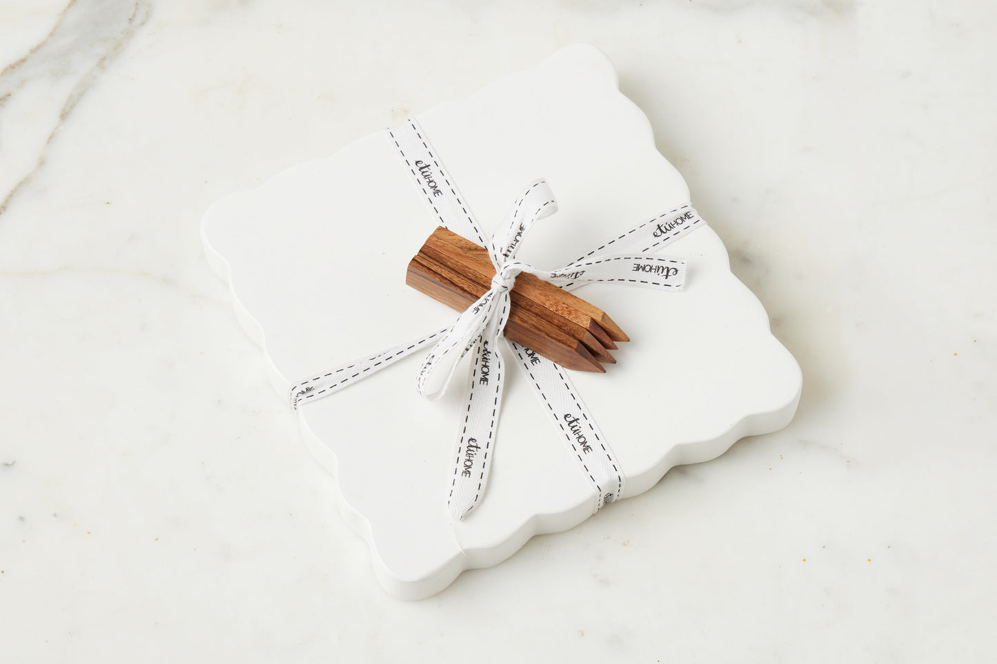 Square Scalloped Cheese Board with Cheese Markers, Small, White