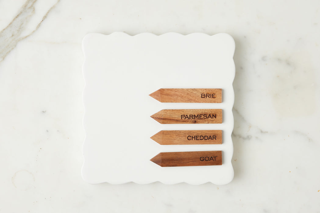 Square Scalloped Cheese Board with Cheese Markers, Small, White