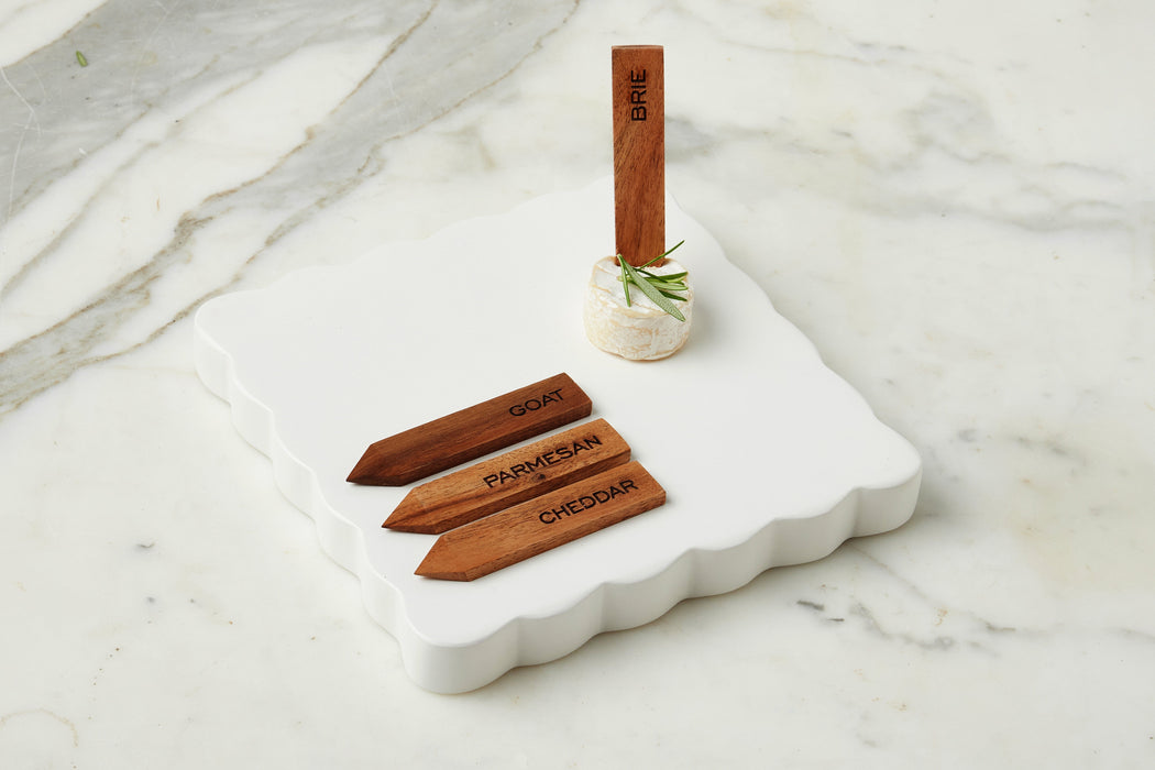 Square Scalloped Cheese Board with Cheese Markers, Small, White