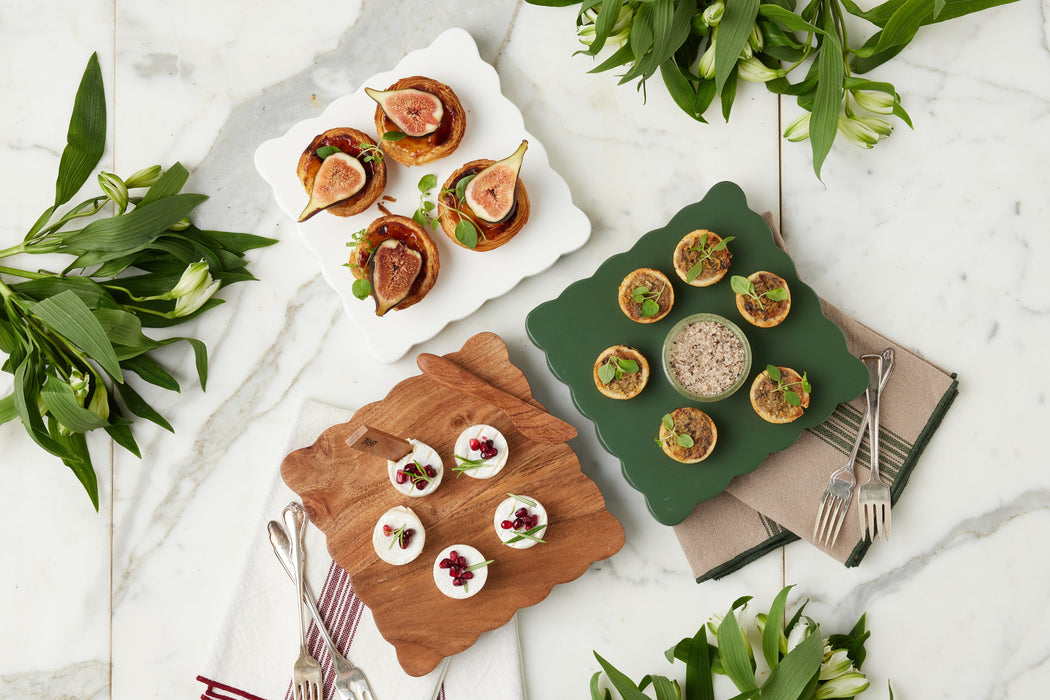 Square Scalloped Cheese Board with Cheese Markers, Small, White