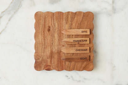 Square Scalloped Cheese Board with Cheese Markers, Small, Natural