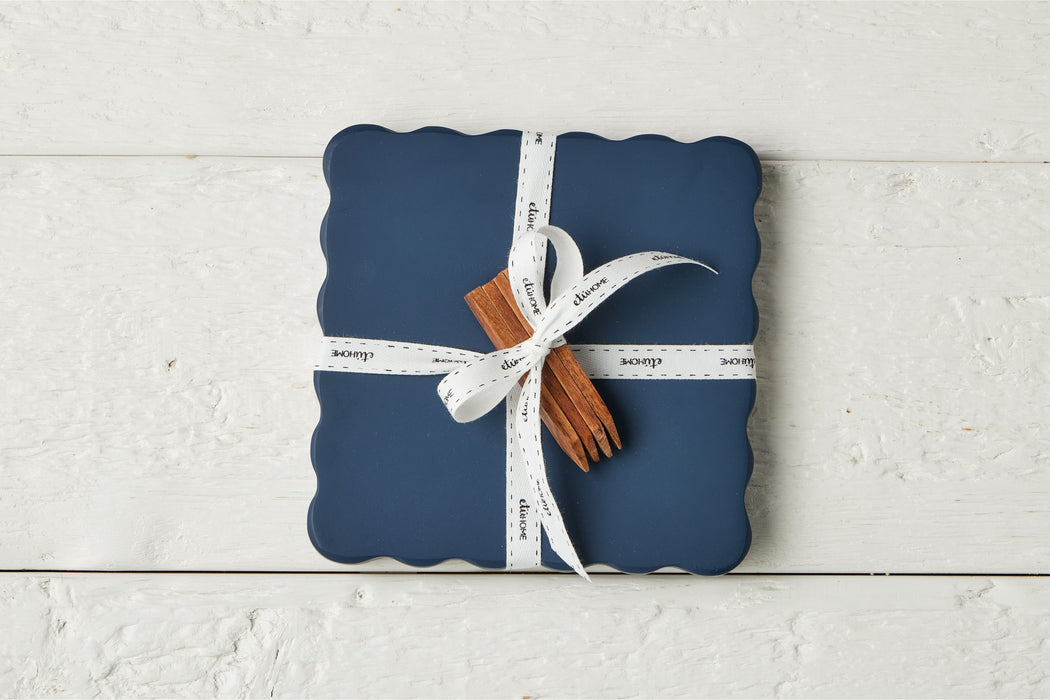 Square Scalloped Cheese Board with Cheese Markers, Small, Navy Blue