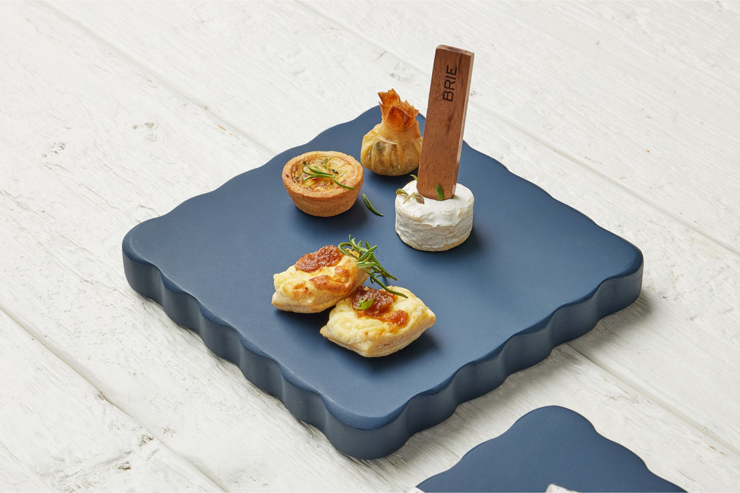 Square Scalloped Cheese Board with Cheese Markers, Small, Navy Blue