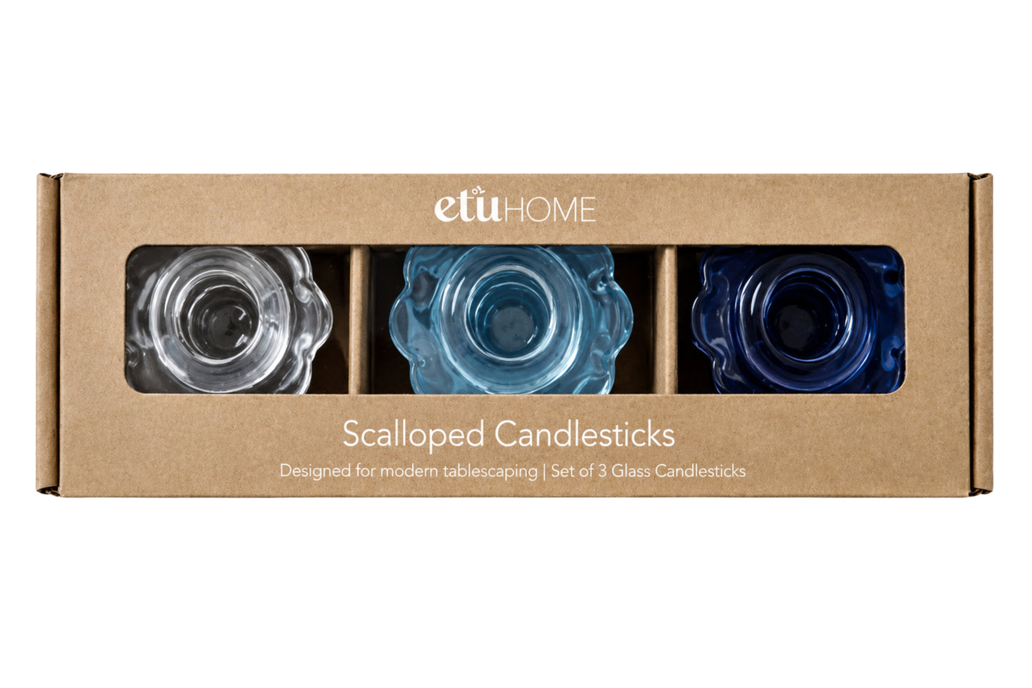 Glass Scalloped Candlesticks, Blue, Set of 3