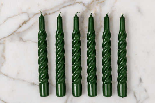 Lacquered Twisted Taper Candles, Spruce, Set of 6