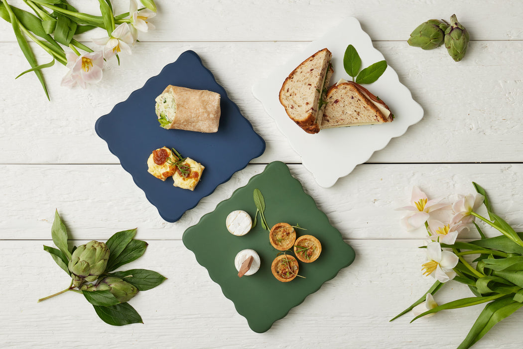 Square Scalloped Cheese Board with Cheese Markers, Small, Navy Blue