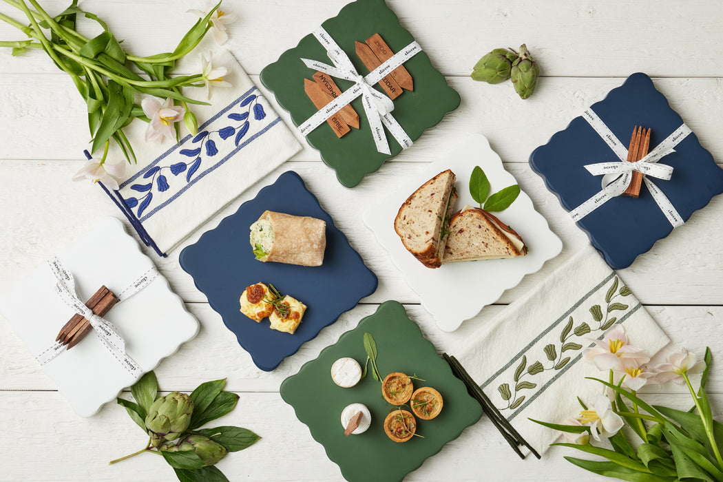 Square Scalloped Cheese Board with Cheese Markers, Small, Navy Blue