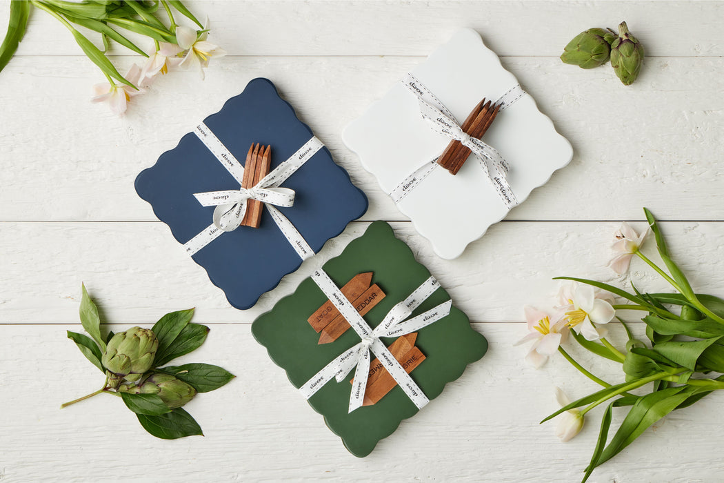 Square Scalloped Cheese Board with Cheese Markers, Small, Spruce Green