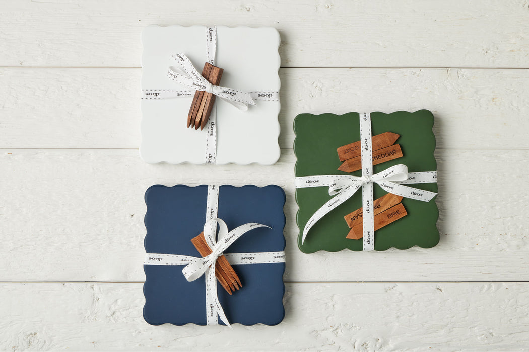 Square Scalloped Cheese Board with Cheese Markers, Small, White