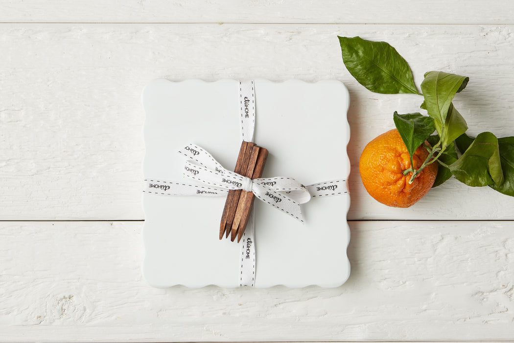 Square Scalloped Cheese Board with Cheese Markers, Small, White