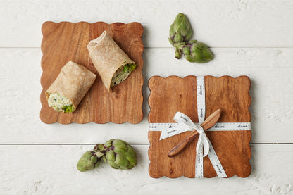 Square Scalloped Cheese Board with Spreader, Small, Natural