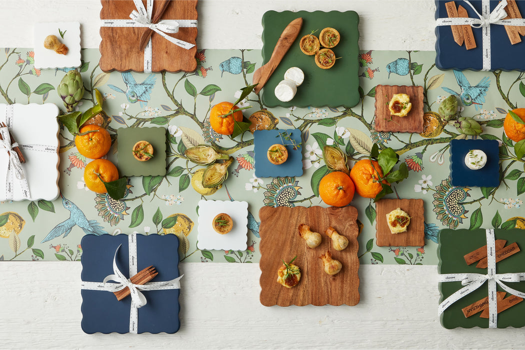 Square Scalloped Cheese Board with Cheese Markers, Small, Natural