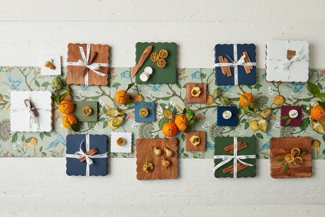 Square Scalloped Cheese Board with Cheese Markers, Small, Natural