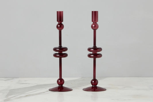 Glass Candlestick Pair, Large, Merlot