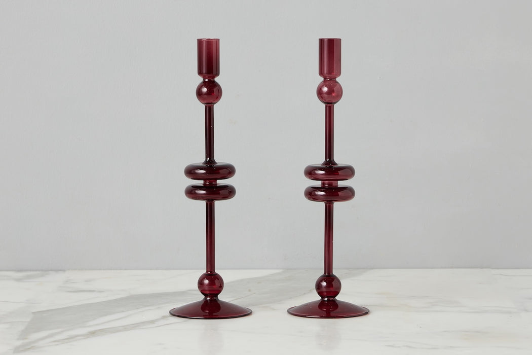 Glass Candlestick Pair, Large, Merlot